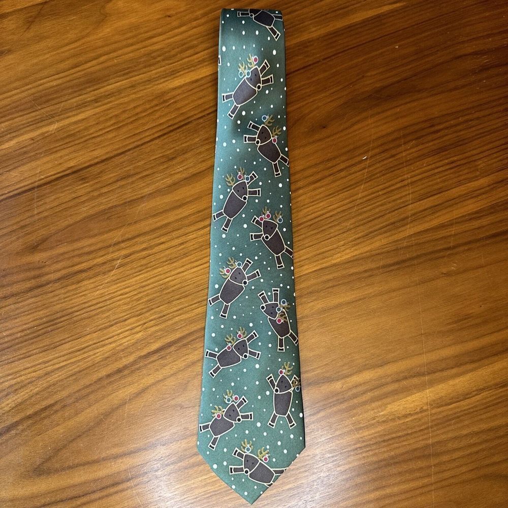 Christmas Reindeer Mens Tie Silk Patterned Chicago Art Institute USA Green